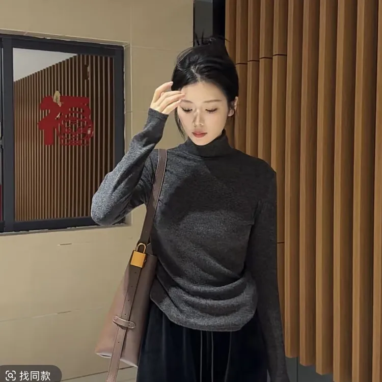 套头女修身型防寒保暖纯色长袖百搭半高领时尚T恤