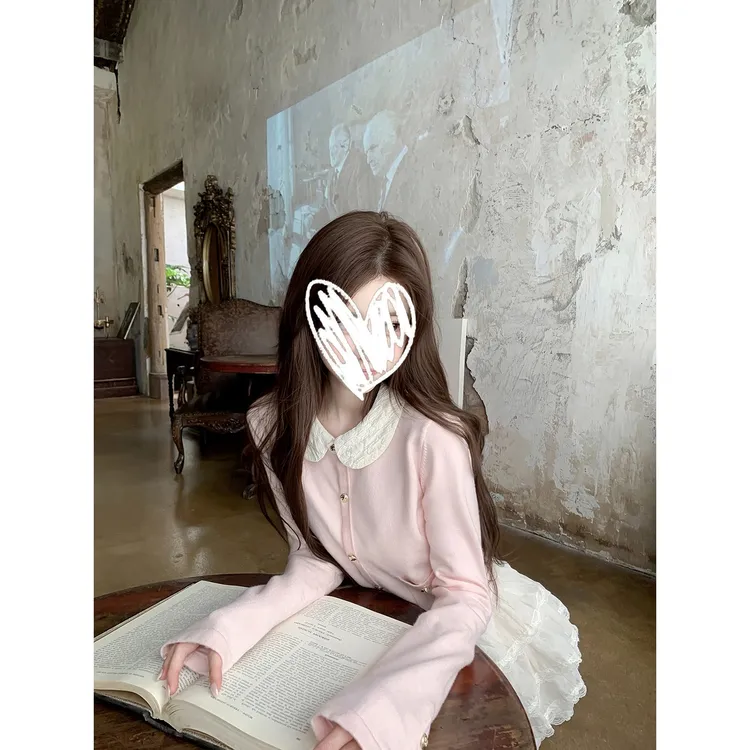 韩系甜美粉色小香可拆卸娃娃领针织开衫外套女2025早秋新款上衣