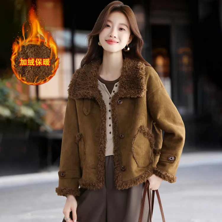 加绒加厚皮毛一体棉服女冬季2025新款时尚保暖翻领棉衣麂皮绒外套