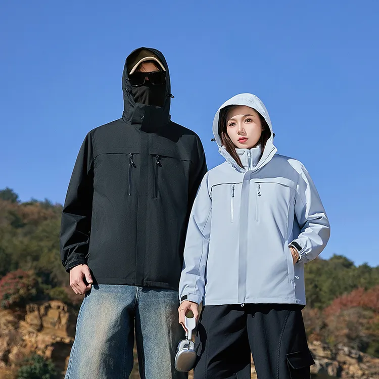 三合一纯色防风防水户外三合一冲锋衣秋冬可拆卸内胆加绒加厚外套软壳衣