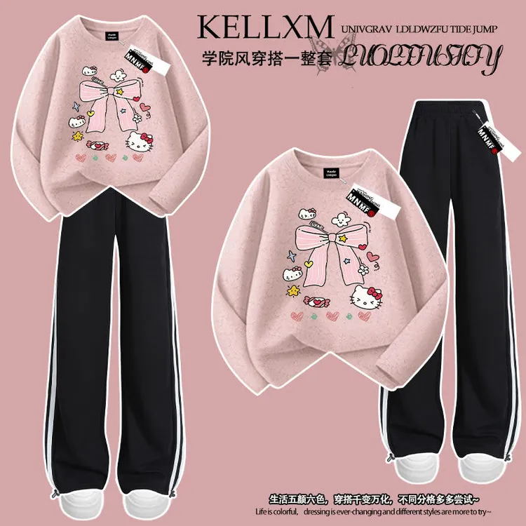 秋季洋气kitty印花女童100%纯棉扎染长袖t恤长裤套装中大童百搭潮