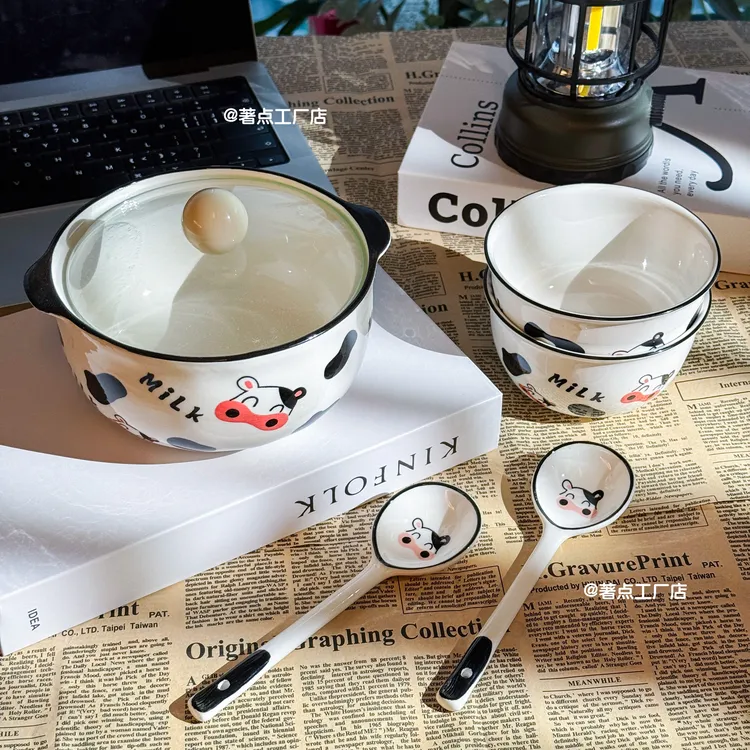 【奶牛-7英寸泡面碗】ins风可爱少女心陶瓷餐具带盖釉下彩家用宿舍