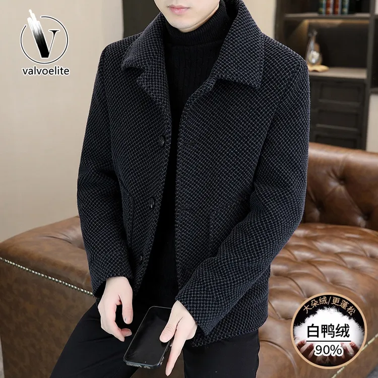 VALVOELITE翻领毛呢羽绒服外套冬季保暖鸭绒服短款加厚呢子大衣男