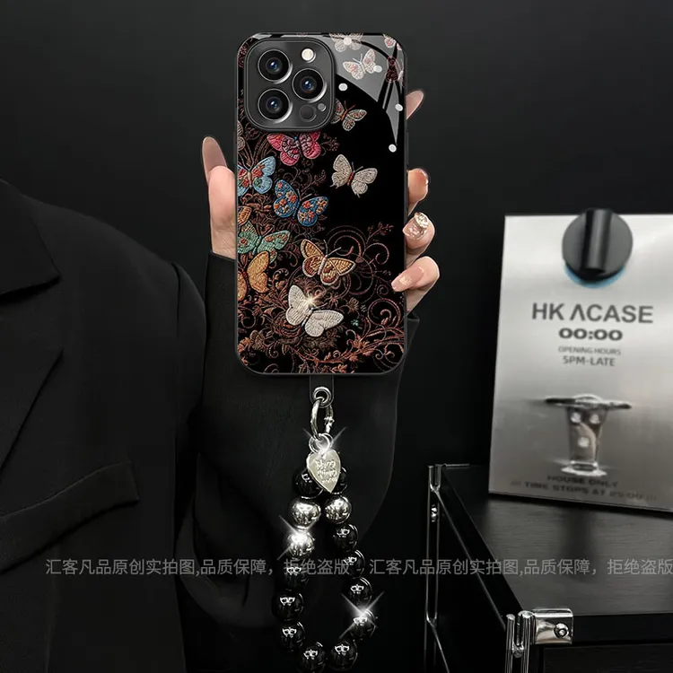 适用【苹果/oppo/华为/vivo/小米】电镀玻璃刺绣蝴蝶网红手机壳女款