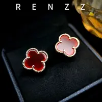 7835红玛瑙/s925银耳针/玫瑰金色红幸运草耳钉