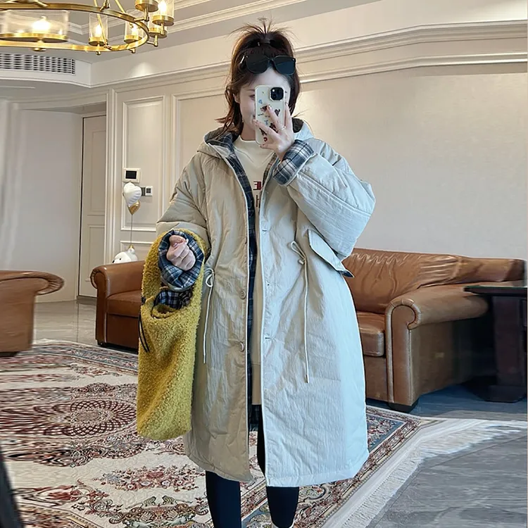 格子袖韩系加厚连帽棉服外套~保暖孕妇装长款棉袄大衣冬季时尚