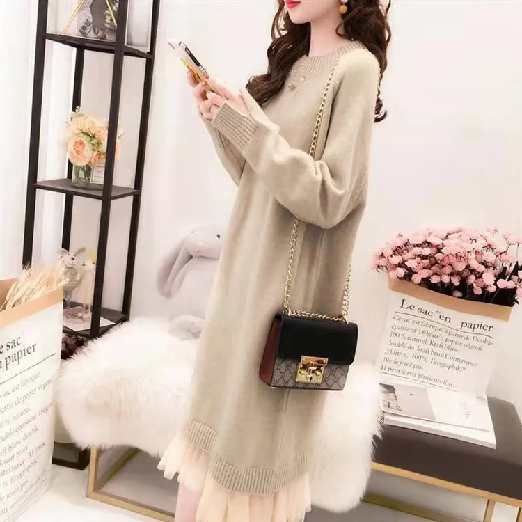 春秋新款针织衫连衣裙配大衣女韩版简约时尚百搭洋气宽松打底衫潮