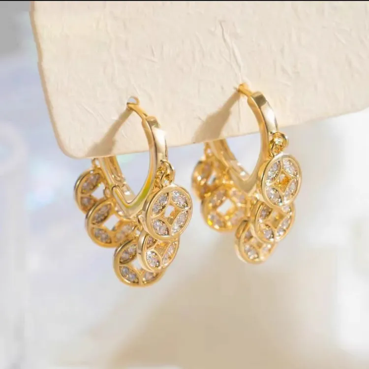铜合金合成锆石耳饰 钱多多流苏耳环女新中式耳扣耳环