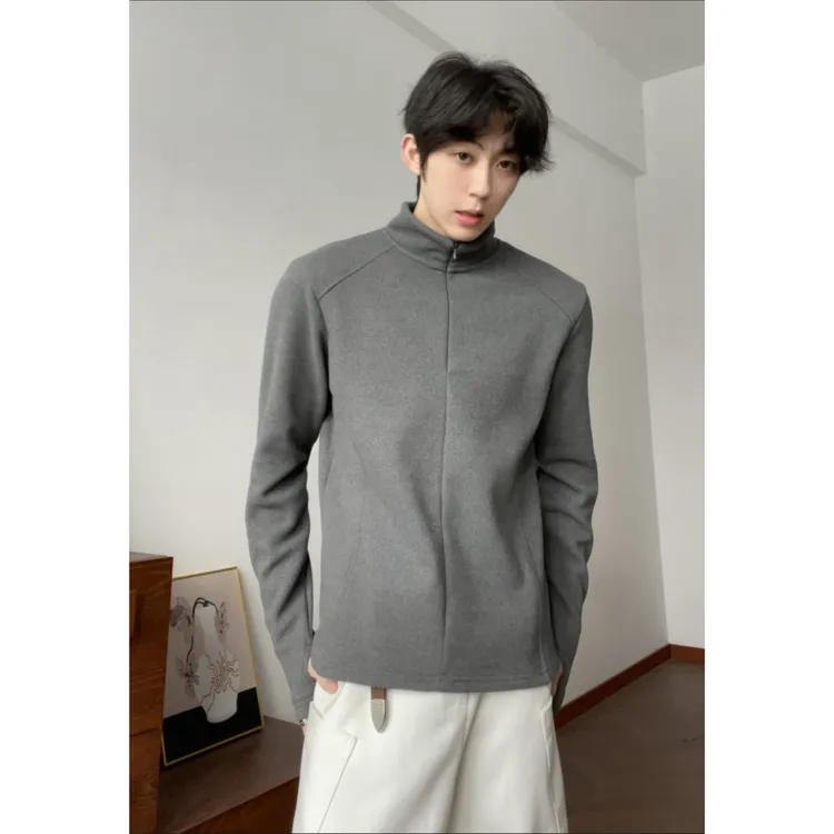 德绒半拉链高领解构正肩长袖t恤男秋冬潮牌显瘦宽松内搭打底上衣
