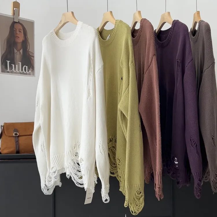 破碎感！韩系经典百搭款圆领小众破洞做旧风纯色长袖套头针织毛衣