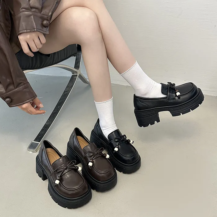 法式蝴蝶结厚底小皮鞋女2025秋季新款复古英伦风一脚蹬jk乐福鞋单