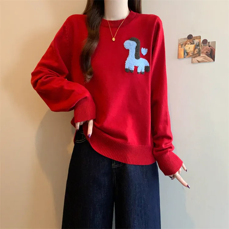 大码设计感小马刺绣羊绒针织衫毛衣女秋冬胖MM新款百搭上衣打底衫