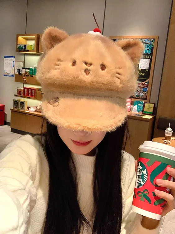 可爱烤焦小猫帽子猫耳朵卡通鸭舌帽子女冬季毛茸茸保暖贝雷帽潮