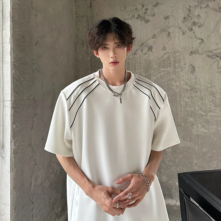 白色三条杠垫肩短袖男款夏季美式复古正肩t恤cleanfit高级感半袖