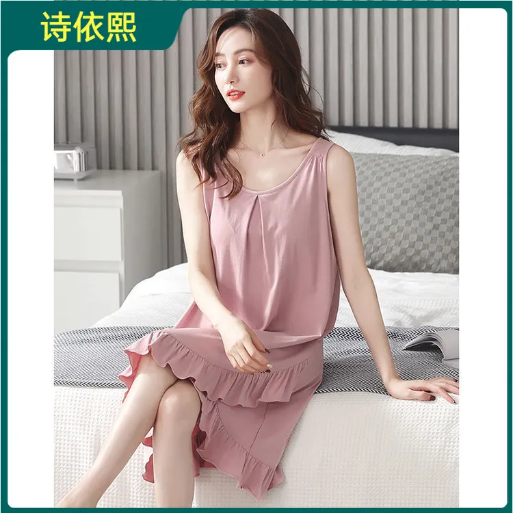 诗依熙带胸垫睡裙女2025夏季新款莫代尔无袖睡衣裙子薄款冰丝夏款