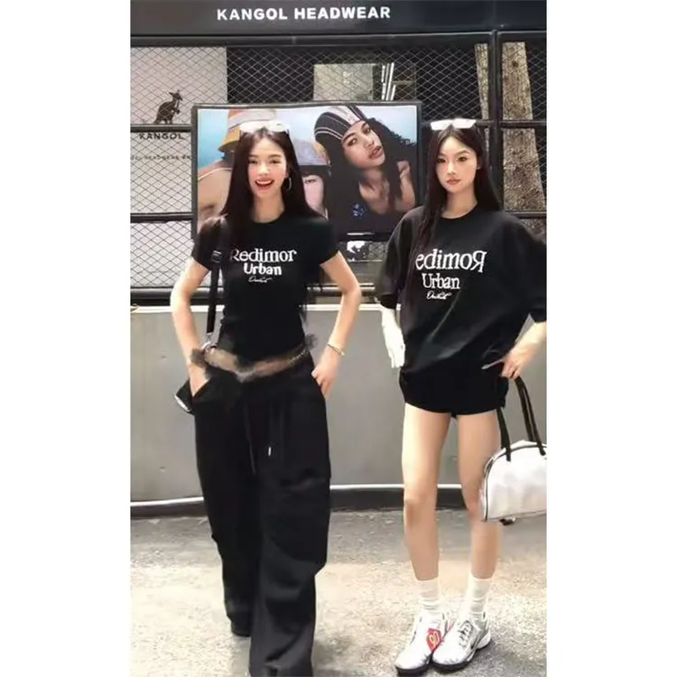 2025春季新款修身显瘦字母印花正肩短袖上衣休闲直筒长裤高腰短裤