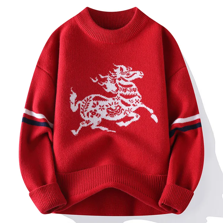 马年图案毛衣男款2026年最新款爆款红色本命年衣服不起球打底衫冬