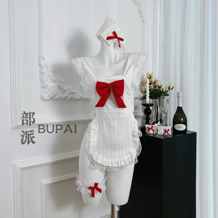 部派【甜茶少女】纯欲风小围裙可爱睡裙甜美蝴蝶结元素白色蕾丝