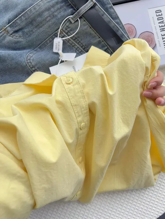 100%纯棉叠穿奶黄色衬衫女内搭打底宽松百搭显瘦衬衣外穿长袖上衣
