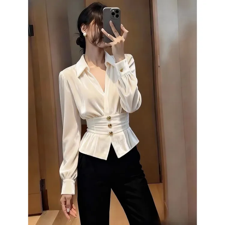 高级感轻奢白色翻领丝绒衬衫女秋冬新款气质掐腰显瘦法式轻熟上衣