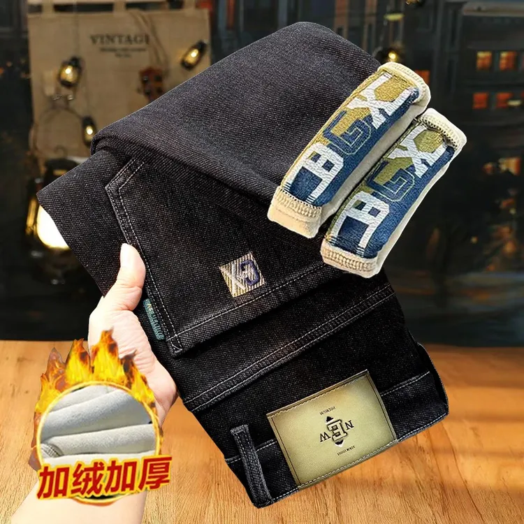 2025冬季加绒男士直筒潮流牛仔裤休闲百搭韩版弹力修身时尚刺绣-K