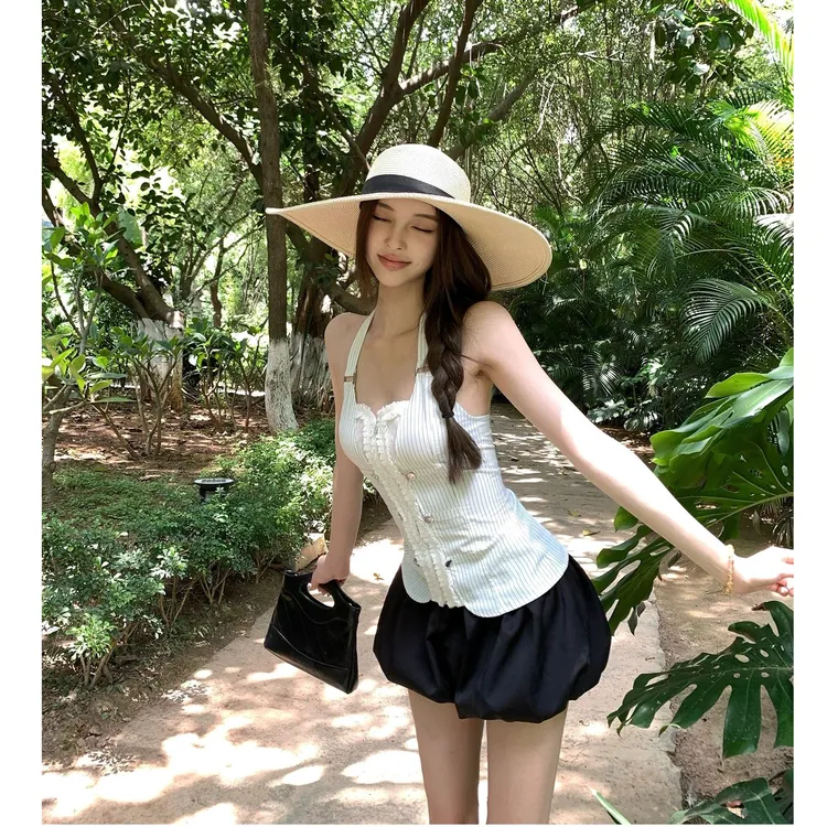 2025夏季新款甜美显瘦短款外穿吊带背心女无袖上衣女配高腰半身裙