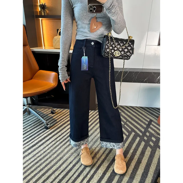 印花卷边直筒牛仔裤女2025新款秋季梨形身材胖mm百搭高腰宽松裤子