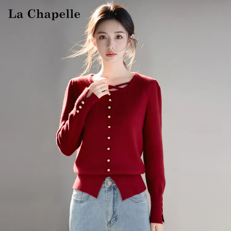 拉夏贝尔法式镂空长袖针织衫女2026春秋季设计感别致内搭打底毛衣
