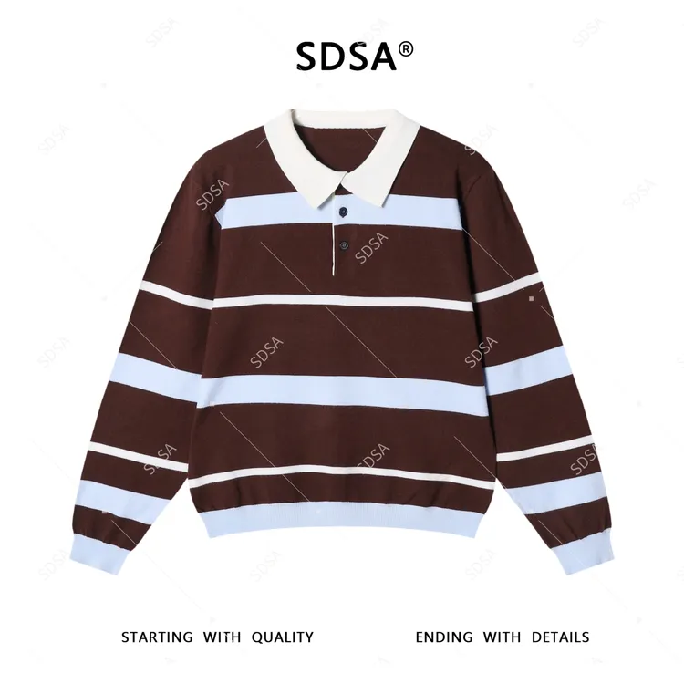 SDSA男士秋冬新款轻奢痞帅男装老钱风撞色条纹翻领针织衫百搭毛衣