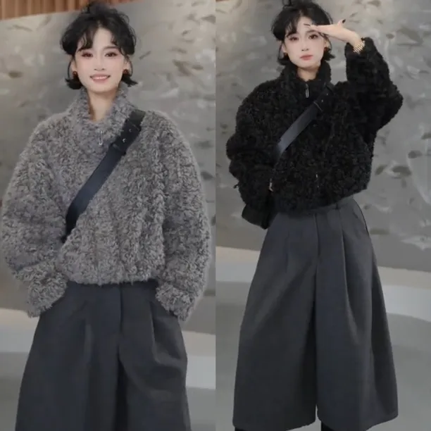 气质立领毛绒外套女2025冬季新款保暖显瘦短外套休闲百搭上衣
