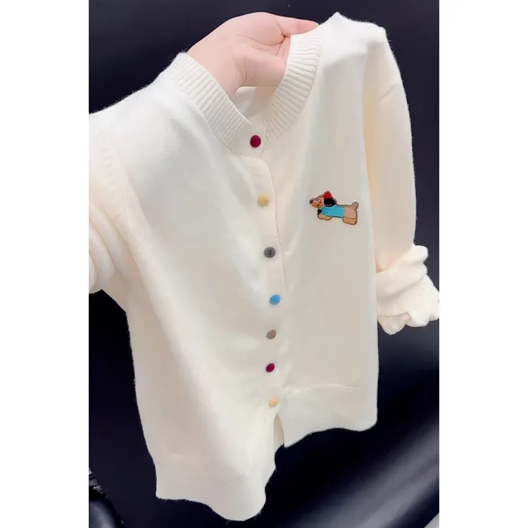 今年流行穿搭2025秋冬新款温柔风小狗刺绣彩色排扣针织衫长袖上衣