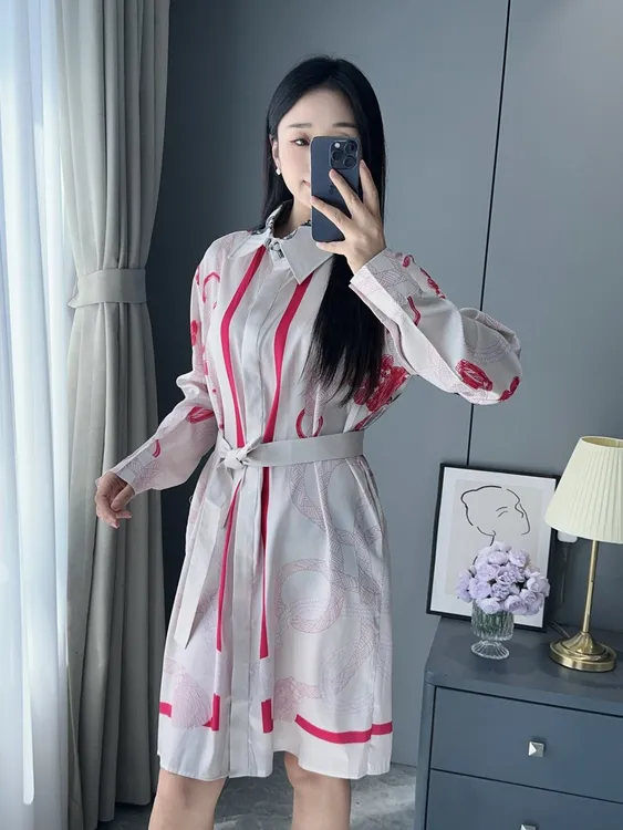 法式老钱风H家绳结印花长袖衬衫裙2025秋轻奢中长款斜纹绸连衣裙