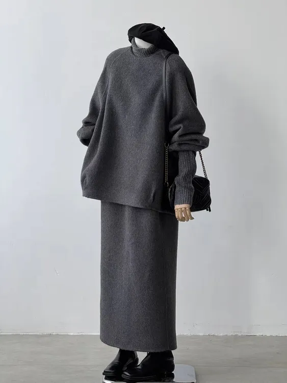 8879【老余】早春新款套装双面超细羊毛外套半身裙韩系极简立体剪裁