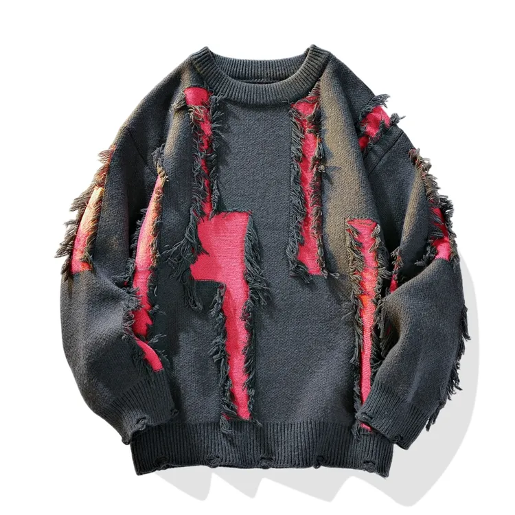 冬季新款慵懒风时尚破洞补丁潮流毛衣青少年男加厚圆领针织衫提花