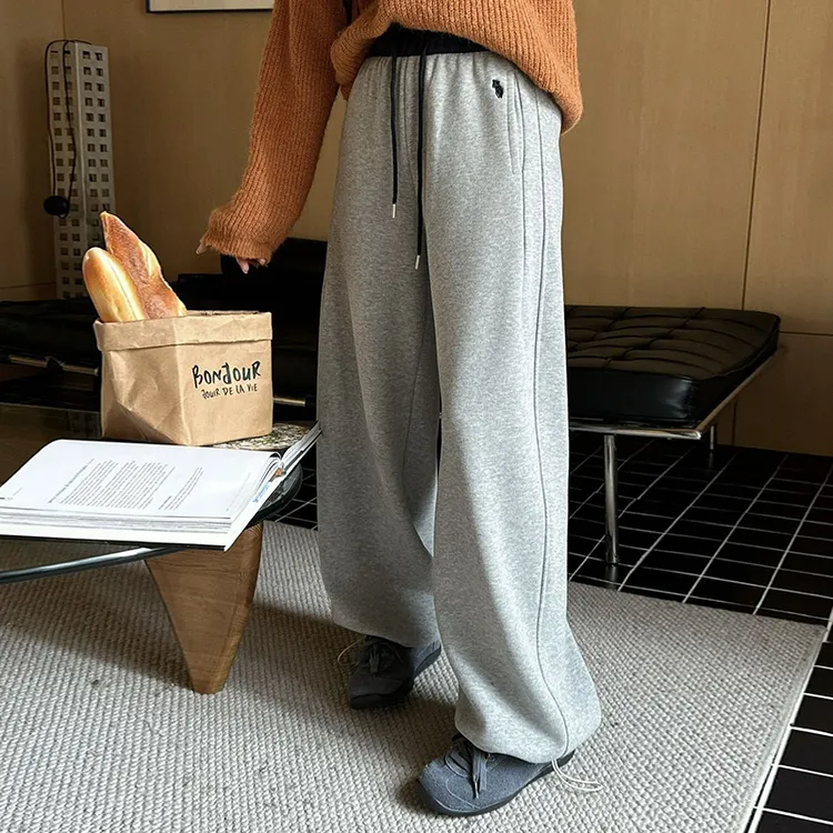 2025冬季新款撞色腰弯刀休闲裤子女加绒加厚两穿高腰抽绳直筒卫裤