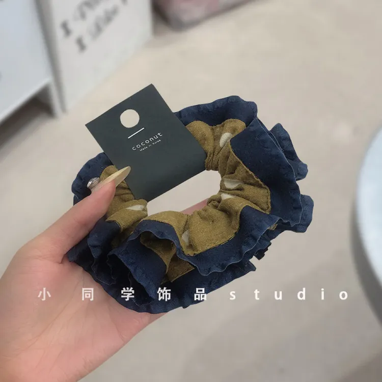 韩国原创设计发饰2025新款芥末黄藏青色棉麻波点小蛮腰发圈大肠圈