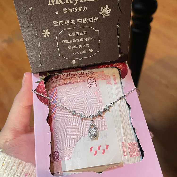 坠链均925银锆石 瑞诺珠宝925银水滴闪钻项链锁骨链生日圣诞礼物