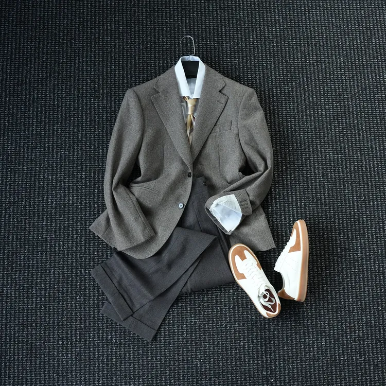 CssuGent秋冬季羊毛混纺单排扣西服男绅装老钱复古雅痞平驳领西装