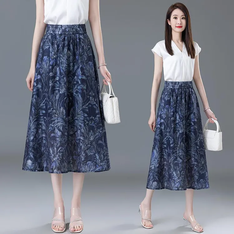 鸢尾兰印花亚麻半身裙女薄款2025夏季新款百褶a字垂坠感花苞裙子