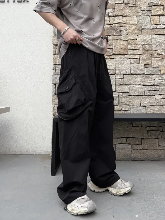 秋季口袋中腰工装裤潮长裤休闲裤美式宽松裤子直筒日系ins