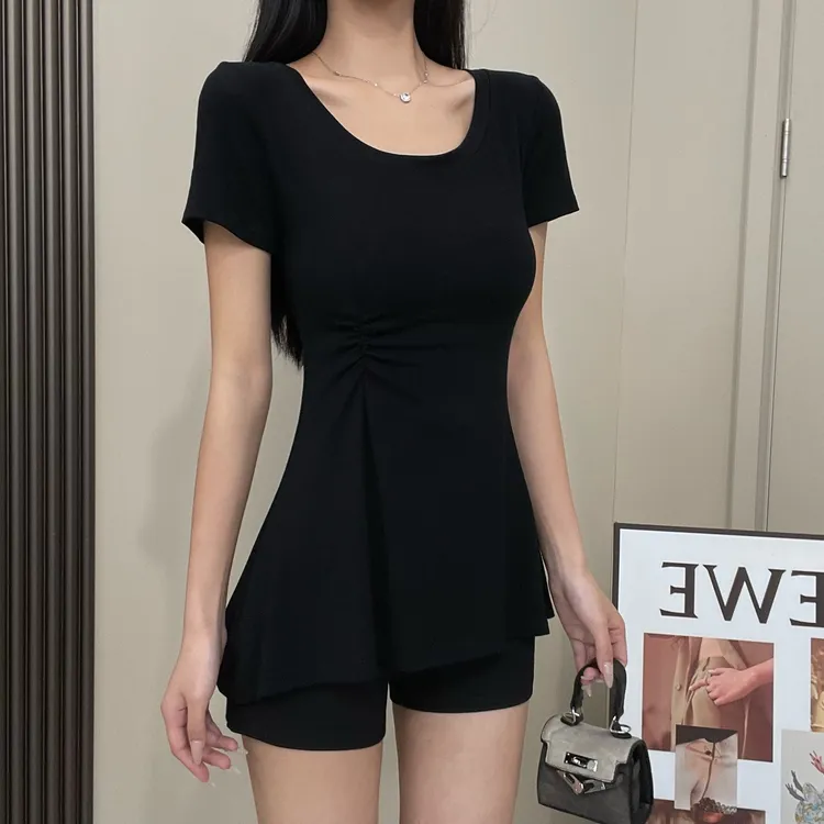 【现货哦】夏新圆领T裙掐腰小众设计感正肩T桖女时尚百搭显瘦上衣女
