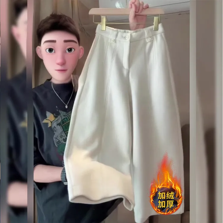 加绒加厚弯刀八分休闲裤女冬季2025新款大码胖mm小个子直筒阔腿裤