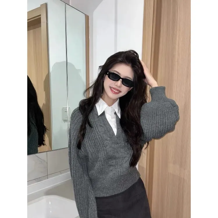 POLO领实价#绵羊绒#假两件拼接翻领套头毛衣女秋冬设计感慵懒风灰