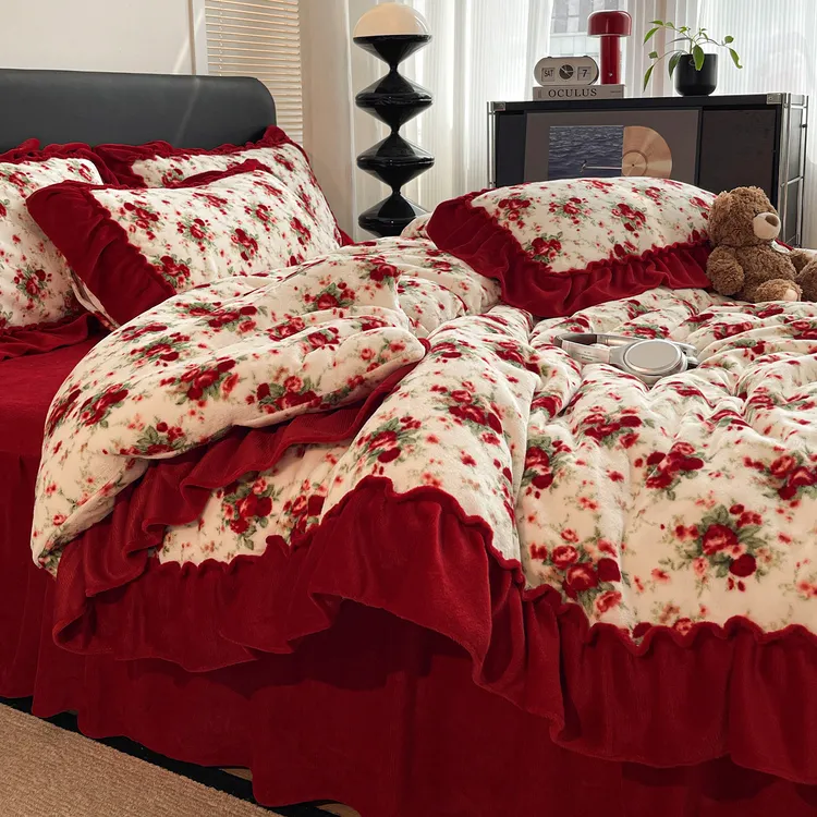 富安娜韩版冬季牛奶绒床裙四件套结婚加厚床盖双面绒被套双面绒