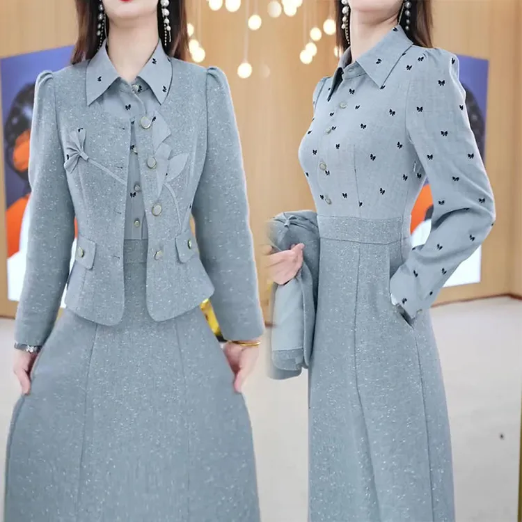 时尚气质显瘦两件套装女2025秋季新款小香风外套蝴蝶结印花连衣裙