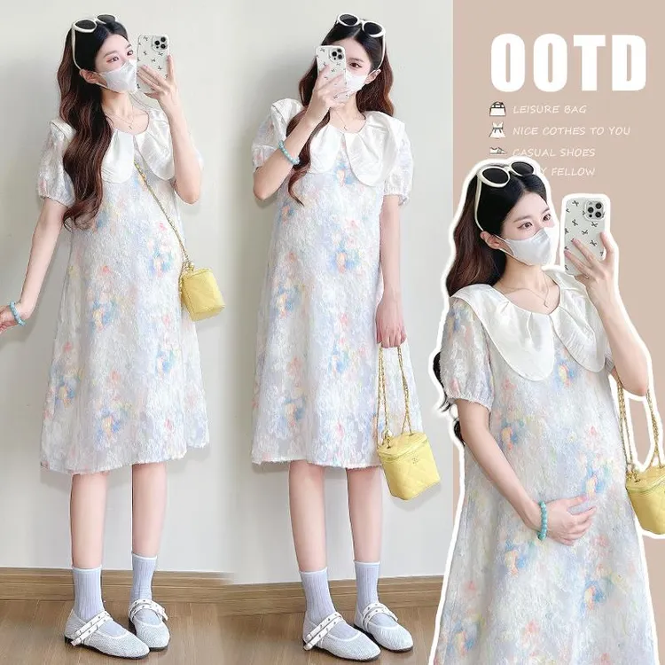 日本孕妇装夏季连衣裙法式设计感娃娃领轻奢提花薄款透气减龄辣妈