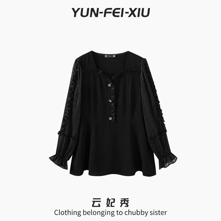 云妃秀大码女装雪纺衫时尚休闲胖妹妹显瘦宽松韩版V领上衣春26009