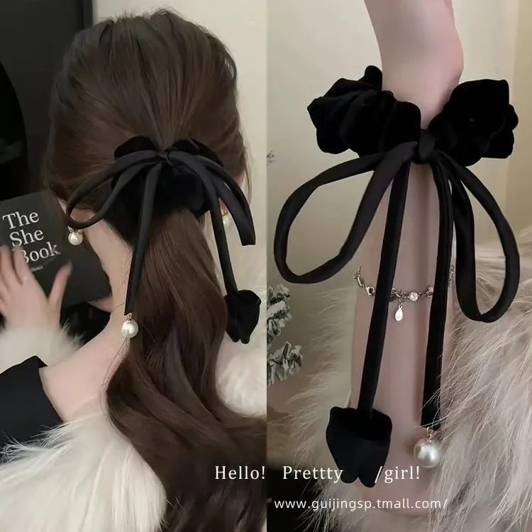 法式丝绒郁金香飘带大肠发圈女秋冬气质低丸子头发绳慵懒风扎头绳