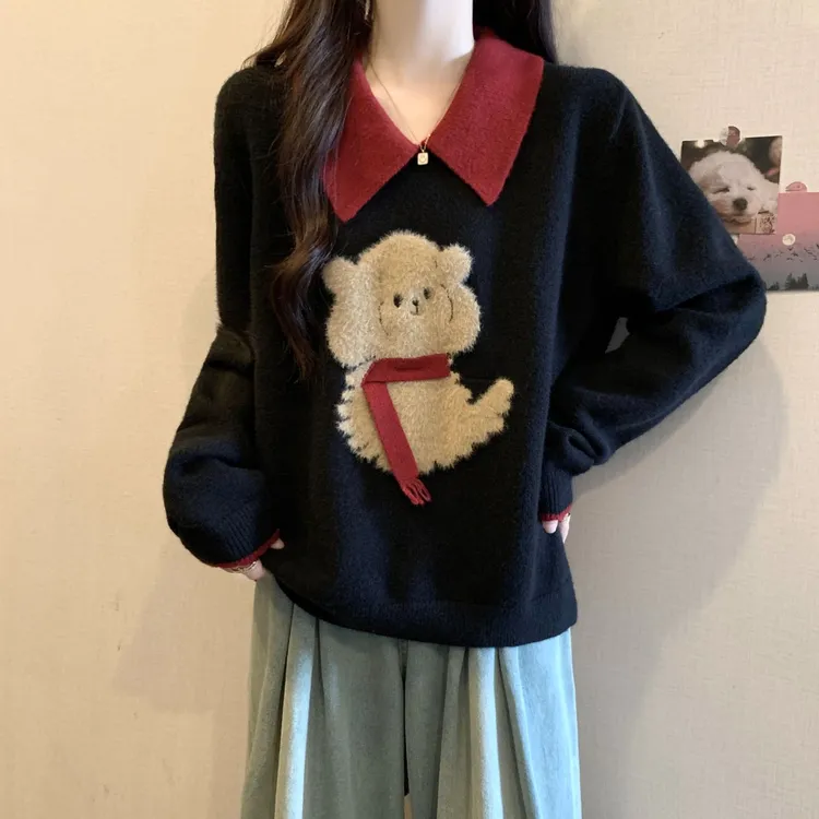 大码慵懒风娃娃领卡通小熊毛衣女秋冬胖MM宽松显瘦洋气针织打底衫