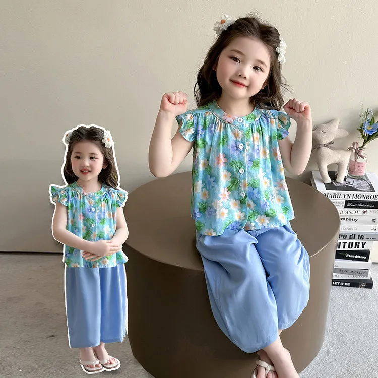 2025年款衣服可爱超萌秋季夏装服装装棉绸飞袖蓝色小女童夏季棉绸